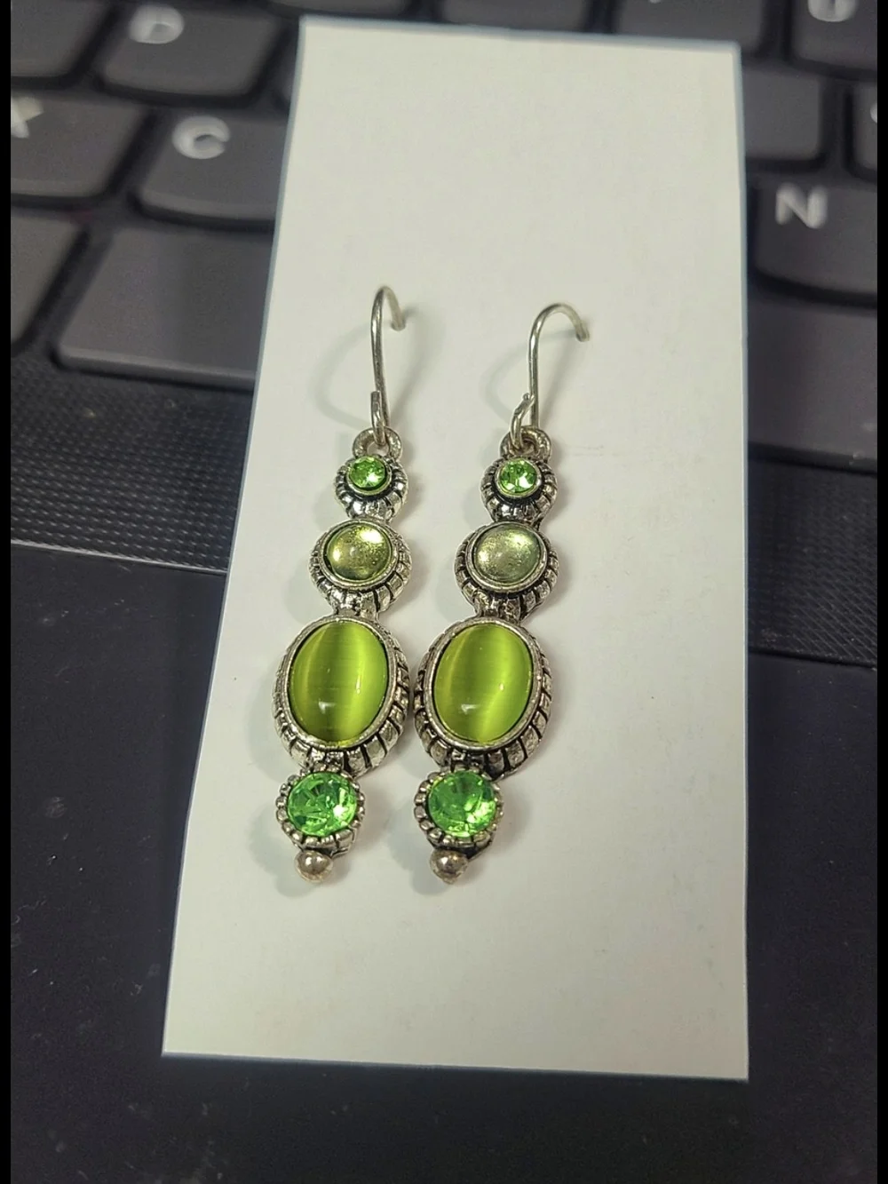 Vintage Lime Green Cat Eye Stone Sliver Dangle Earrings